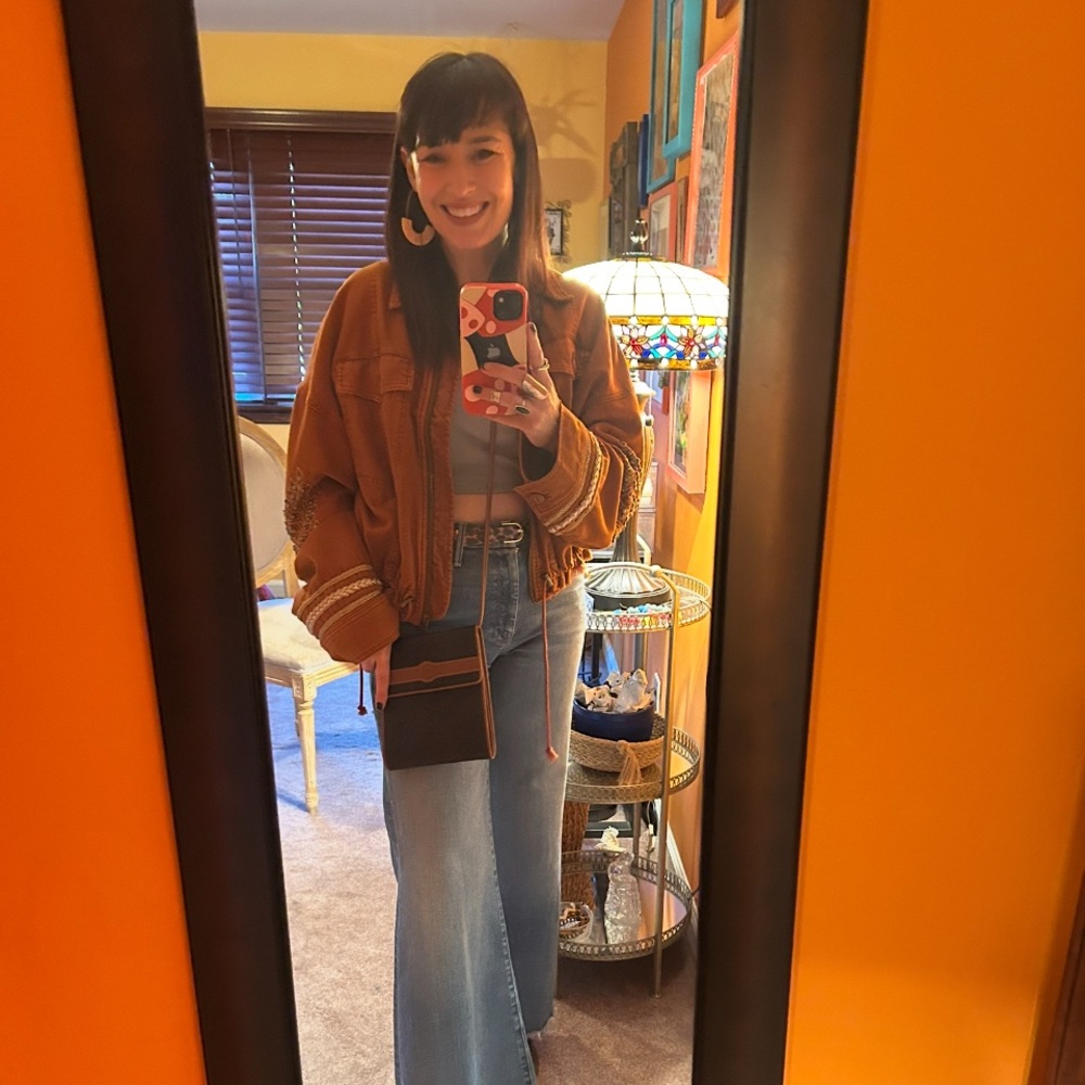 Free People Beaded Boho Cropped Jacket – Burnt Sienna Embroidered Drawstring Hem
